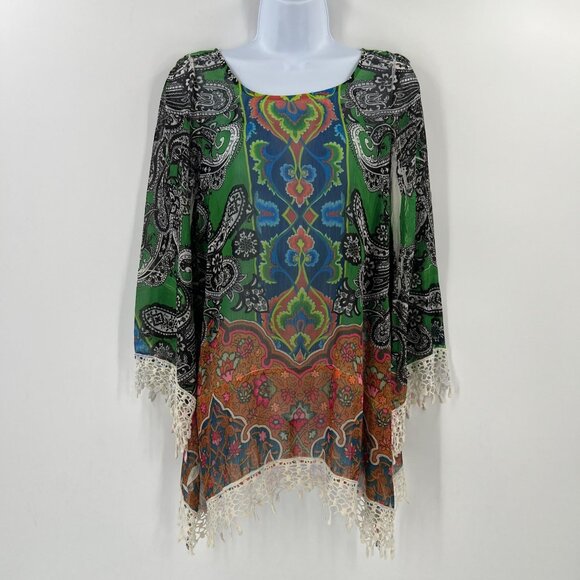 Mushka by Sienna Rose M Sheer Tunic Top Green Blue Paisley Bohemian Festival - Picture 9 of 9